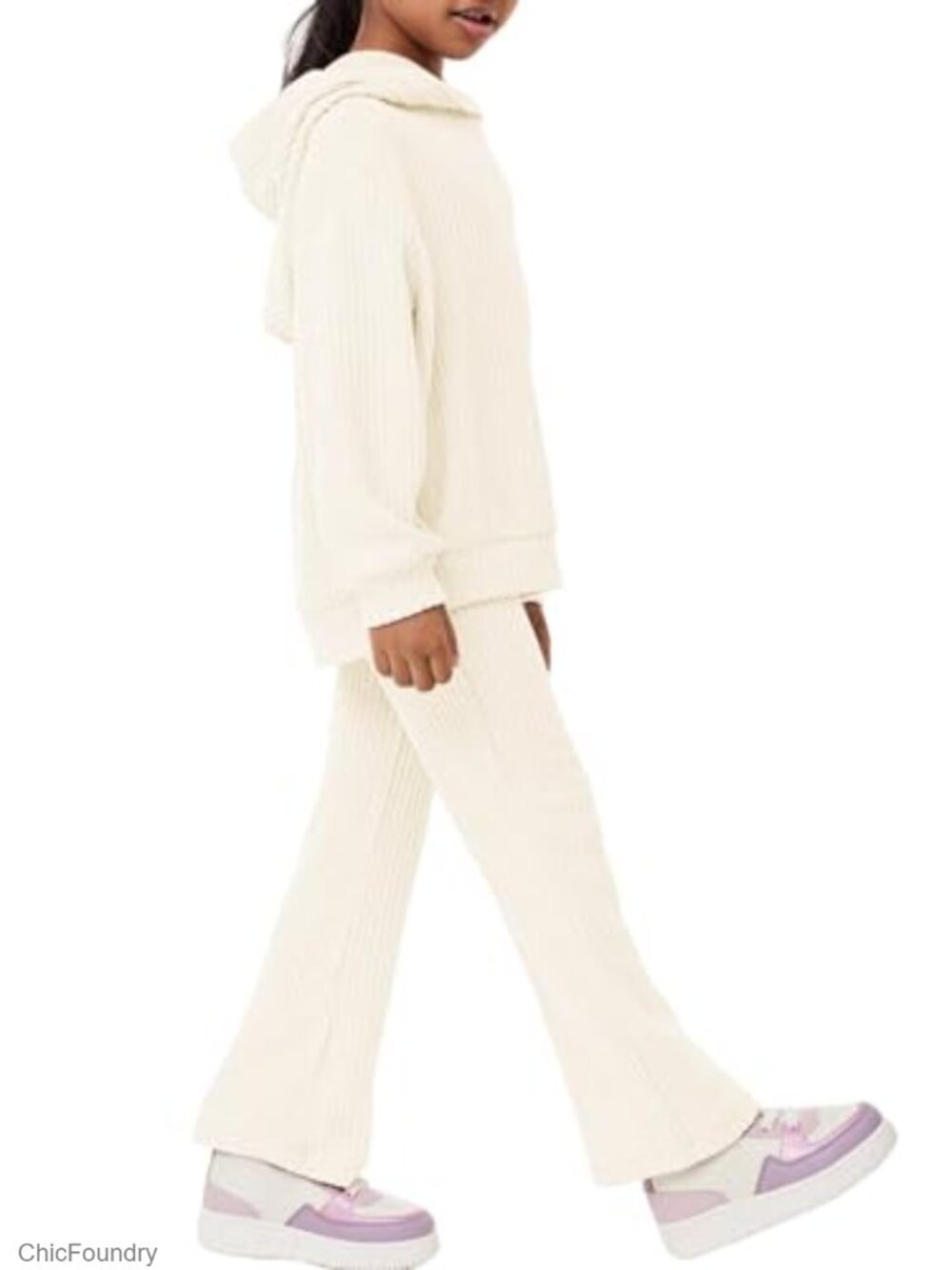 Girls 2-Piece Ribbed Knit Hoodie and Flare Pants Tracksuit - Picture 2 of 5